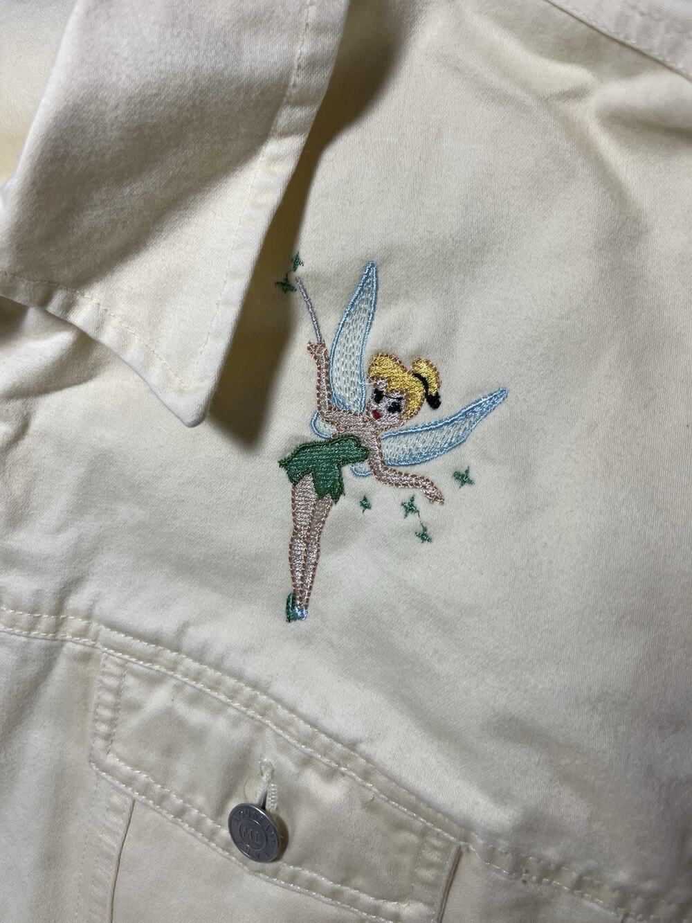 Custom Embroidered Yellow Denim Jacket Upcycled Tinkerbell Mountain Lake XL